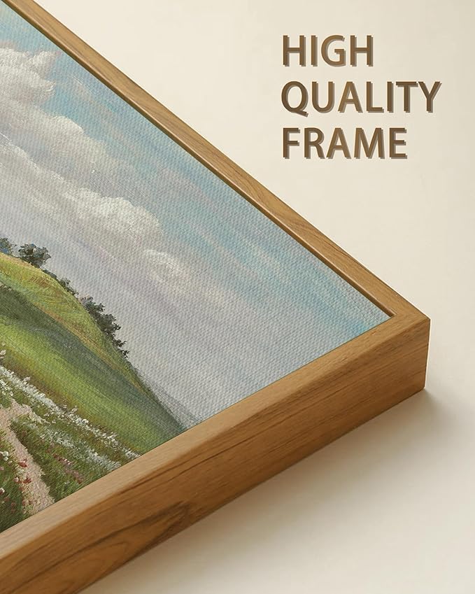 SHENIFY Vintage Landscape Framed Wall Art Meadow with Flowers Scenery Farmhouse Decor Rustic Retro Grassland Floral Field Painting for Hallway Living Room Bedroom - 16x24in Natural Framed