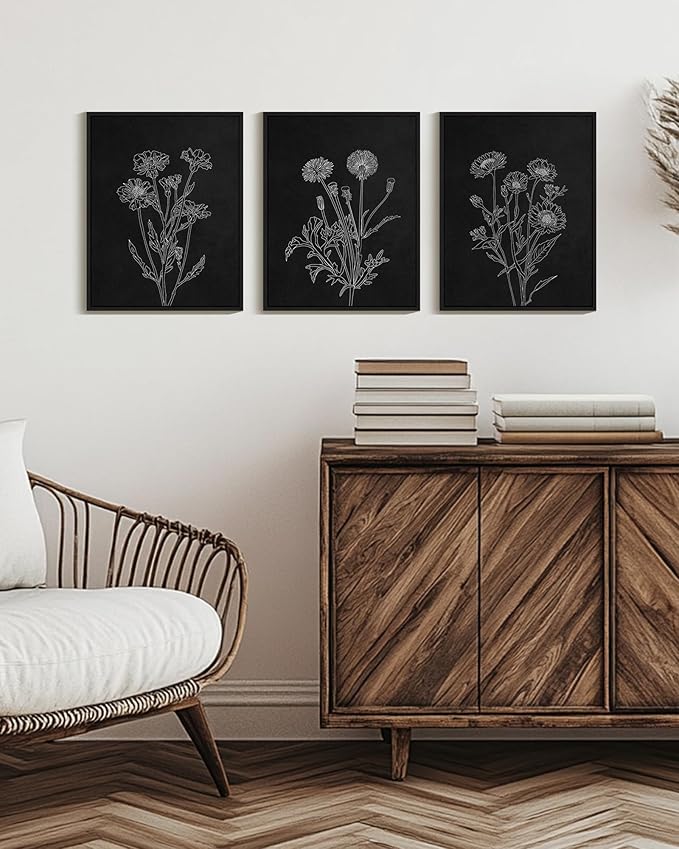 Drsoum Vintage Boho Botanical Flower Wall Art Framed Retro Floral Wall Prints Wildflower Neutral Rustic Bohemain Artwork Kitchen Bedroom Ready to Hang 12x16in Black Framed