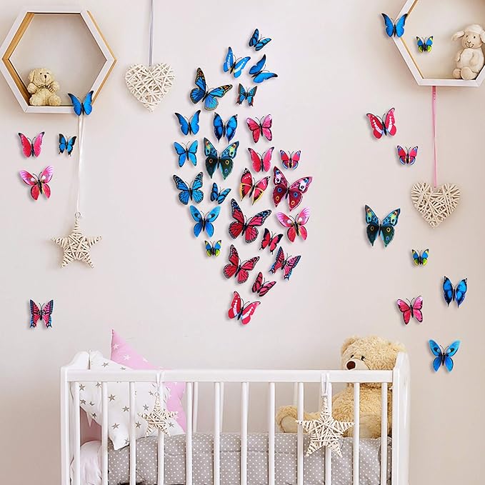 24pcs 3D Vivid Special Man-Made Lively Butterfly Wall Stickers Removable Butterflies Wall Decals 3D Nursery Art Decor for Kids Girls Bedroom Living Room Classroom Party Decoration Pink & Blue