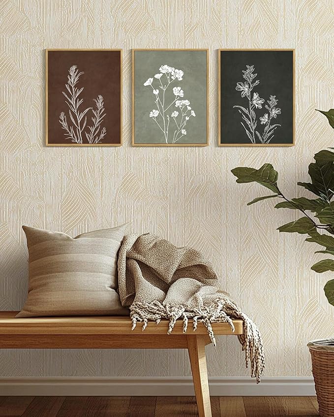 Drsoum Vintage Boho Flower Wall Art Framed Retro Botanical Floral Wall Prints Wildflower Neutral Rustic Bohemain Artwork Kitchen Bedroom Ready to Hang 11x14in Natural Framed