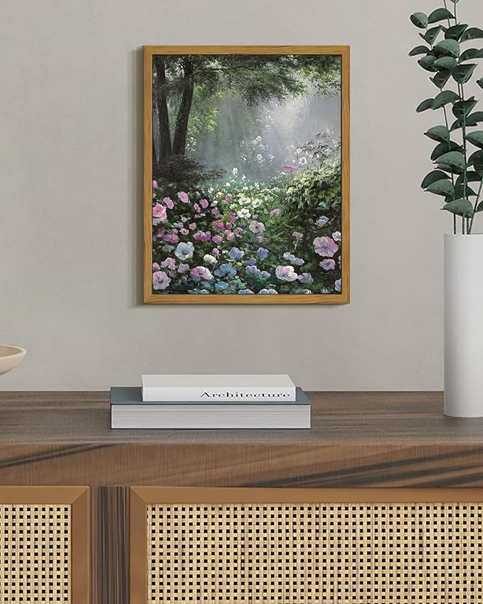 SHENIFY Vintage Floral Framed Wall Art Garden in Flower Scenery Farmhouse Decor Retro Flower Sea Field Painting for Living Room Bedroom Ready to Hang Wall Artwork - 8x10in Natural Framed