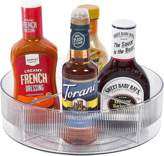 FreshKeeper Plastic Lazy Susan Organizer, Clear Pantry Lazy Susan Turntable for Cabinet and Kitchen 11’’ with Removable Dividers