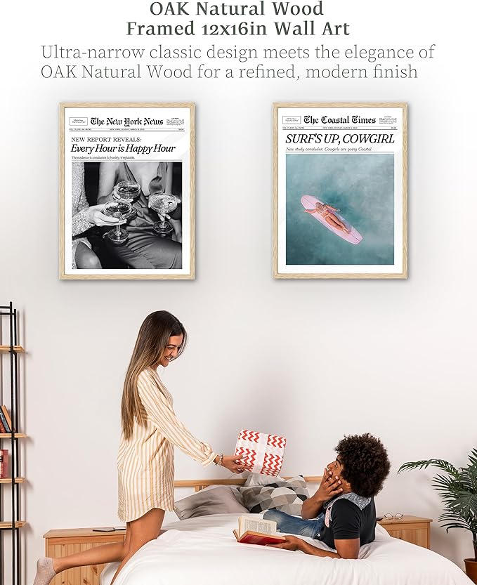 iHery Every Hour is Happy Hour Framed Trendy NewsPaper Wall Art, Natural OAK Wood 12x16in Canvas Wall Decor For Bedroom, Retro New York News Prints Posters for Girl Dorm Living Room Home 1Pack