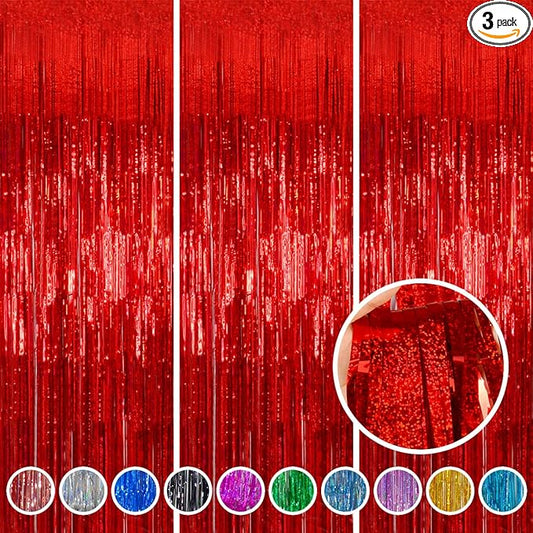 Red Foil Fringe Curtains 3 Pack 3.2 x 8.2 ft Shiny Tinsel Backdrop for Birthday Party Decorations, Photo Booth Background, Red Streamers Decor, Valentines Day