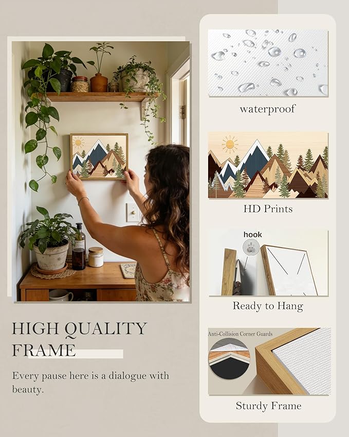 SHENIFY Mountain Framed Wall Art Country Woodcut Style Decor Forest Nature Wilderness Painting Rustic Farmhouse Landscape Artwork - 8x10in Natural Framed