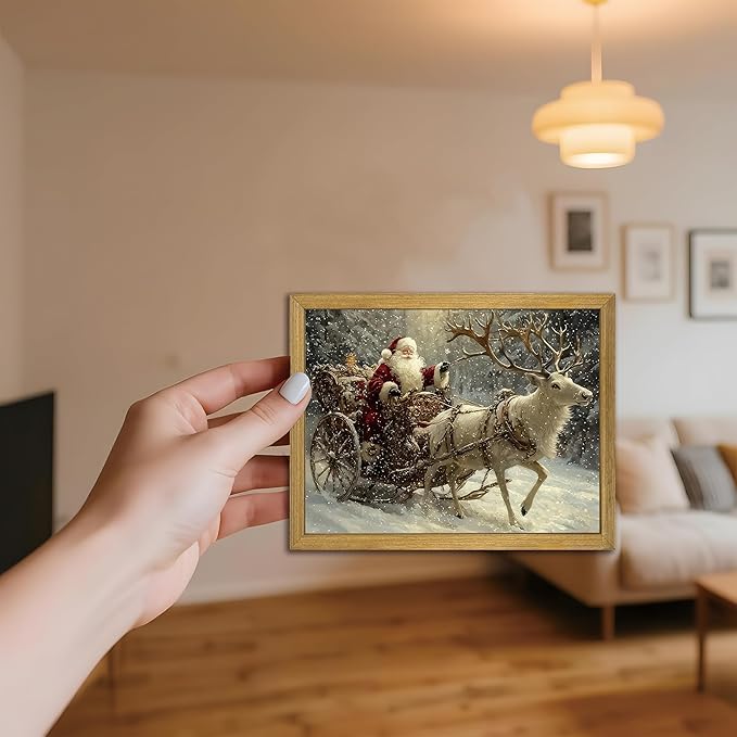 Wood Framed Vintage Santa Claus Sleigh Wall Art, Classic Christmas Reindeer Canvas Print Painting, Christmas Wall Decor Ornaments Picture for Living Room Bedroom Kitchen Xmas Home Decor 8x10 Inch