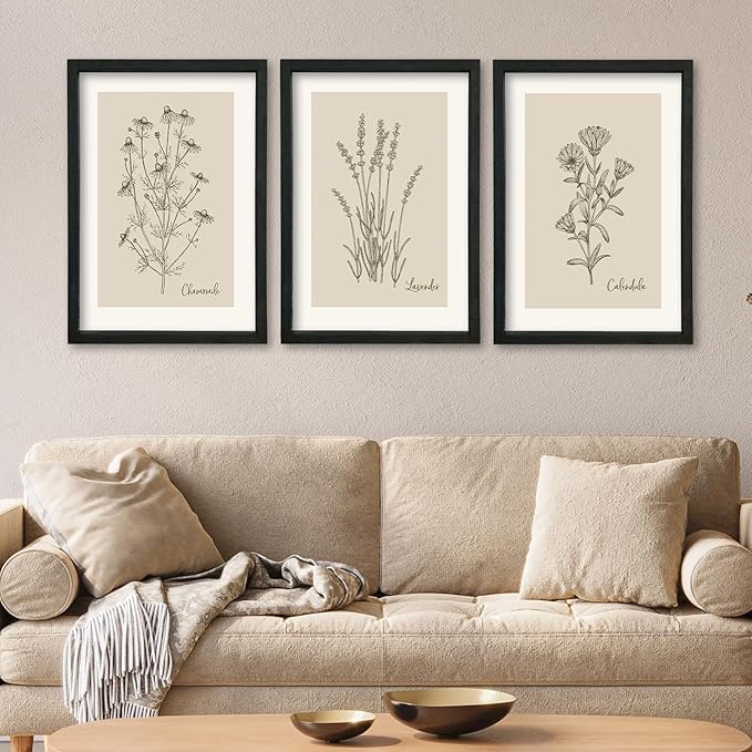 YWJKWLGS Framed Vintage Botanical Wall Art Set of 3, Black Wood Frame Wildflower Prints, Minimalist Rustic Farmhouse Decor, 16x24 inch Art for Living Room Bedroom Office