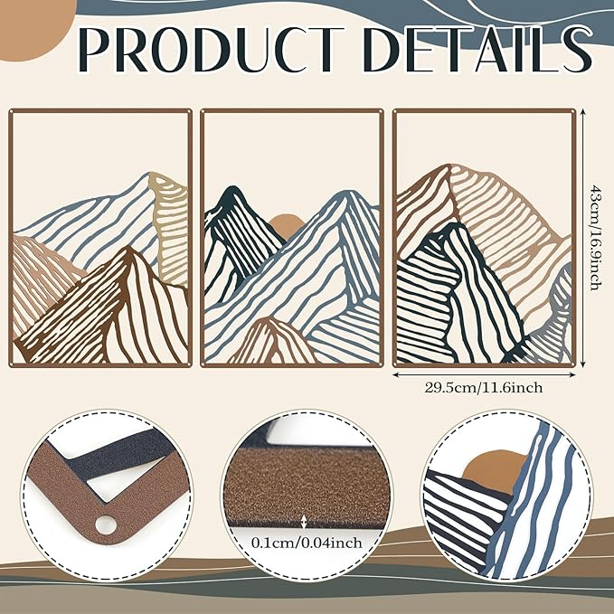 Peryiter 3 Pcs Metal Wall Art Decor Landscape Mountain Wall Hanging Decor for Living Room Abstract Minimalist Modern Mountain Line Pictures Bathroom Office Home Gifts Indoor(Vibrant Colors)