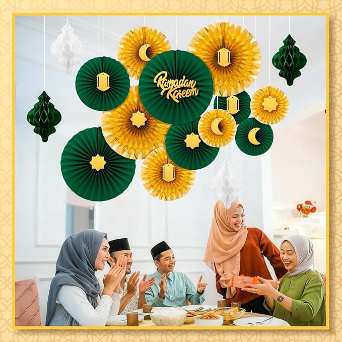 Epakh 29 Pcs Ramadan Decorations for Home Ramadan Hanging Paper Lantern Eid Wall Ceiling Decoration Honeycomb Paper Fan Eid Mubarak Home Decoration Birthday Wedding Party Supply(Green & Gold)
