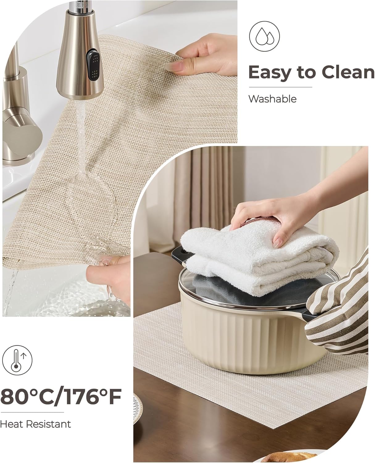 Leetaltree Beige White Placemats Set of 4 - Heat Resistant Non-Slip Place mats for Dining Table, Washable Durable PVC Vinyl Woven Table Mats（Beige White, 4）