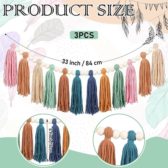 Zeyune 3 Pcs Boho Tassel Garland Boho Rainbow Wall Decor Colorful Pastel Tassel Wall Hanging with Wood Beads for Classroom Kids Bedroom Baby Shower Back to School Birthday Party Supplies