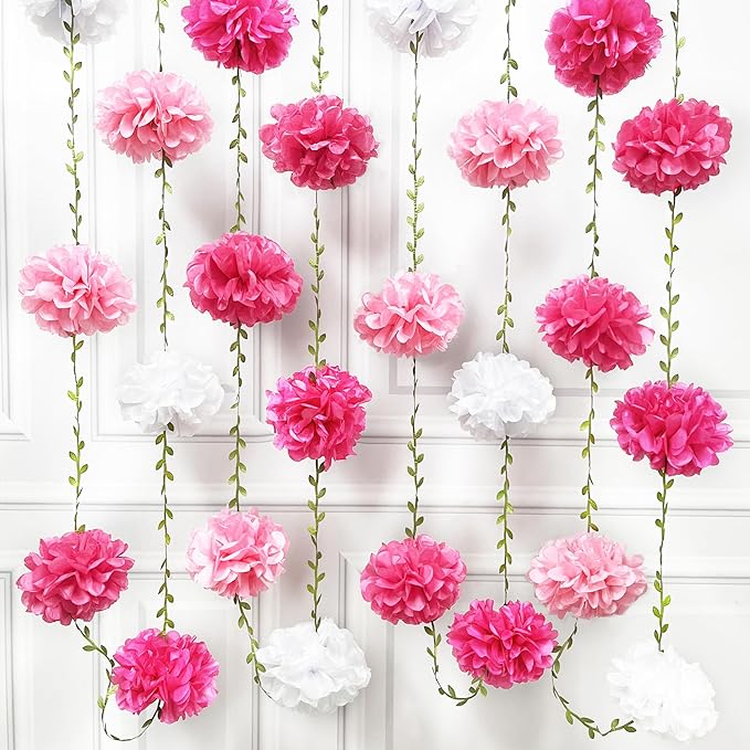 Hot Pink White Party Decorations Ombre Pink White Tissue Paper Flowers Pom Pom Leaf Ribbon Hanging Streamer Garland for Women Girls Birthday Bachelorette Baby Shower Wedding Flamingo Party Supplies