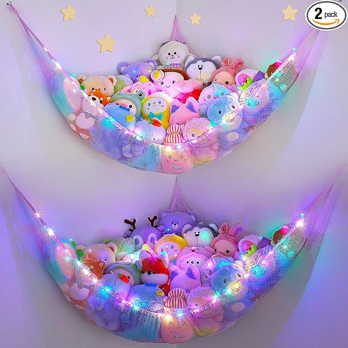 Unicorn Castle Stuffed Animals Net or Hammock Kids Toy Storage Organizer with LED Light Hanging Corner Stuffed Animals Holder Kids Girls Room Decor,Pink-Purple-Yellow,Large (Pack of 2)