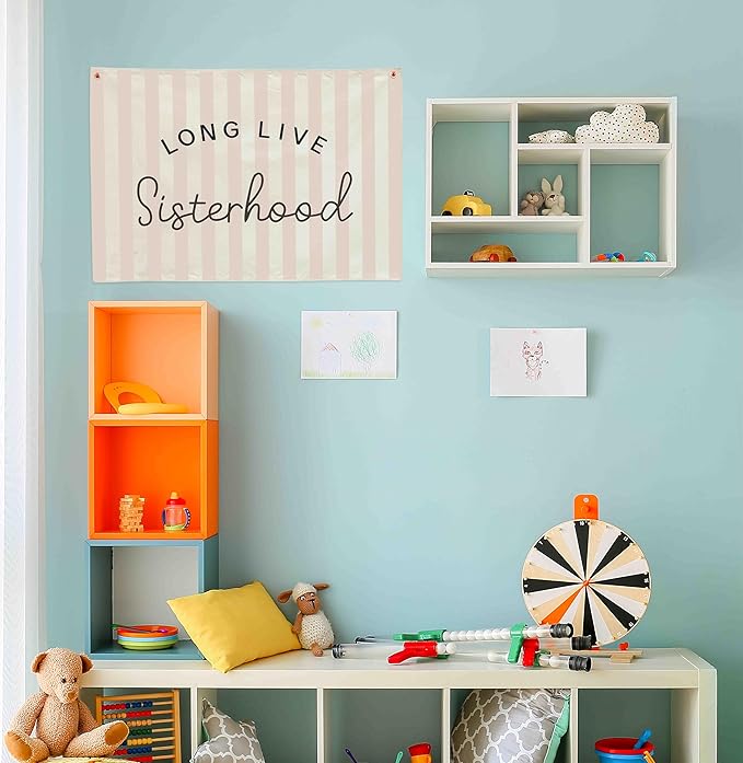 Nursery Wall Banner Decor-Hanging Rectangular Flag Poster Wall Art for Nursery Bedroom Reading Room Playroom Decoration,Baby Shower Birthday Christmas Gift for Girls Kids Teens-Long Live Sisterhood