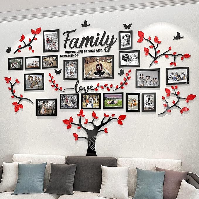 Family Tree Wall Decor - Picture Frames Collage 4x6 5x7 8x10 11x14 3D DIY-Acrylic Photo Frame for Living Room （Red 57 * 81in）