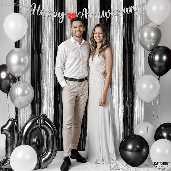 KatchOn, XtraLarge Black and Silver Fringe Curtain - 3.2x8 Feet, Pack of 2 | Black and White Birthday Decorations | Silver and Black Streamers for Graduation Decorations 2026 | Disco Party Decoration