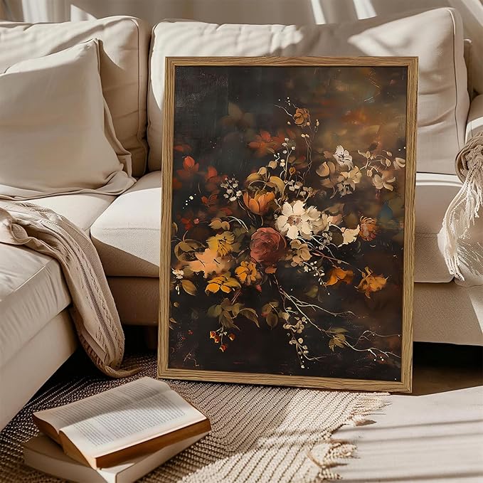 Framed Vintage Floral Wall Art，Gothic Moody Dark Flower Art Prints Painting，Victorian Canvas Fall Otanical Pictures Decor for Living Room Bedroom Diningroom 12x16 inch