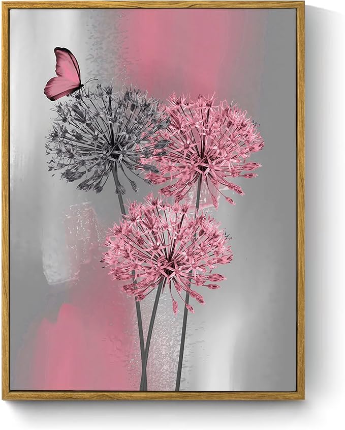 LB Pink Dandelion Framed Wall Art with Butterfly - Modern Pink Grey Canvas Wall Art for Home Contemporary Aesthetic Wall Decor for Home, Ready to Hang 17x12 Inch, Living Room Bedroom Bathroom Decor