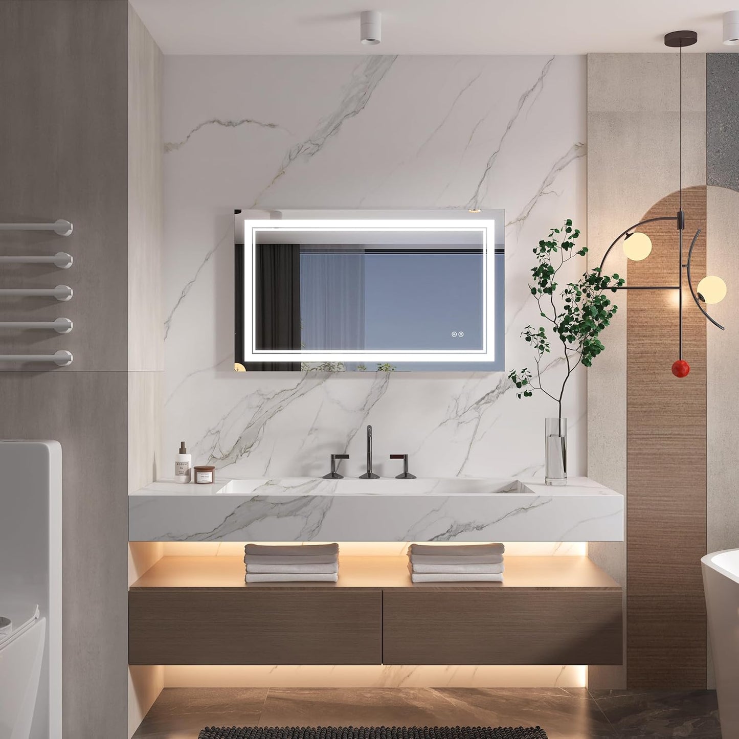 WELLFOR LED Bathroom Vanity Mirror 40 x 24 Inch, Lighted Anti-Fog Dimmable Mirror, IP44 Waterproof Wall Mounted Makeup Mirror, Packed with US Standard Plug and Touch Switch, (Horizontal/Vertical)