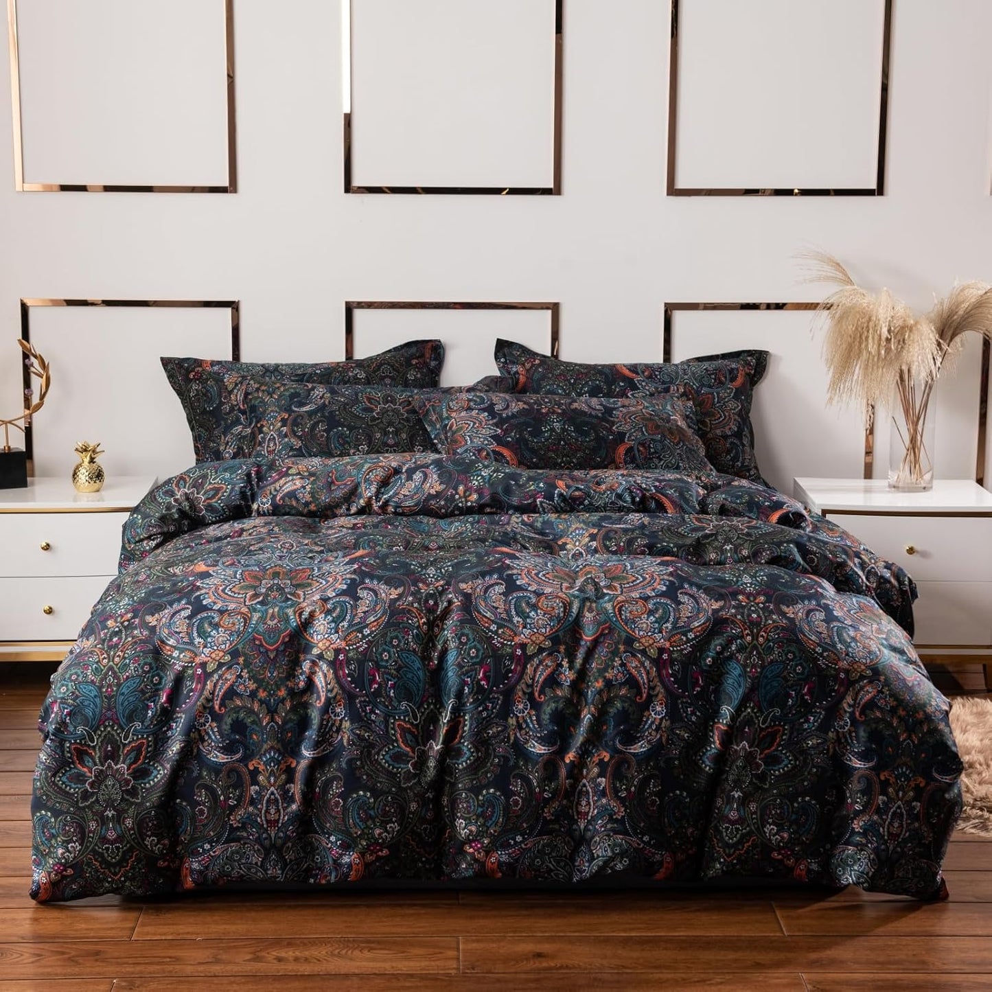 ABREEZE Luxury Vintage Black Duvet Cover Sets Damask Paisley Bedding Set Retro 100% Brushed Cotton Zipper Closure Bedding Collection Queen Size