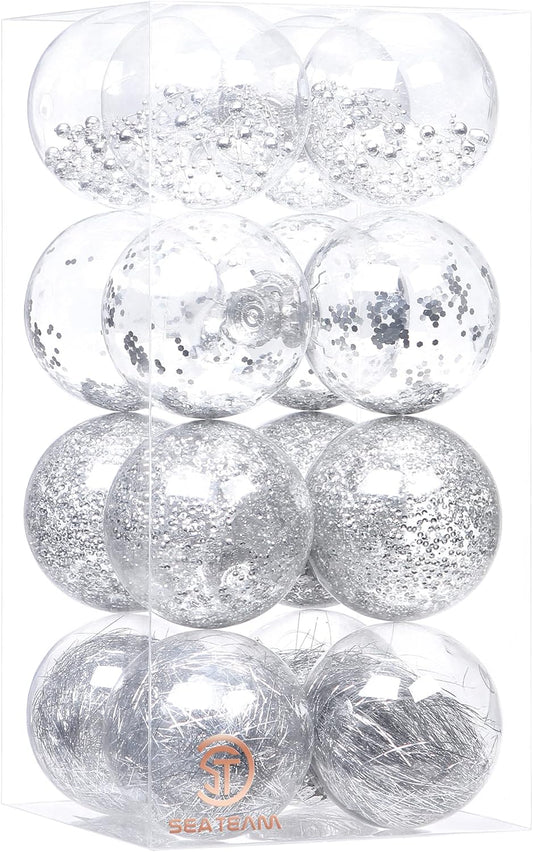 Sea Team Shatterproof Clear Plastic Christmas Ball Ornaments Decorative Xmas Balls Baubles Set with Stuffed Delicate Decorations (100mm/3.94 inch 16-Pack, Silver)