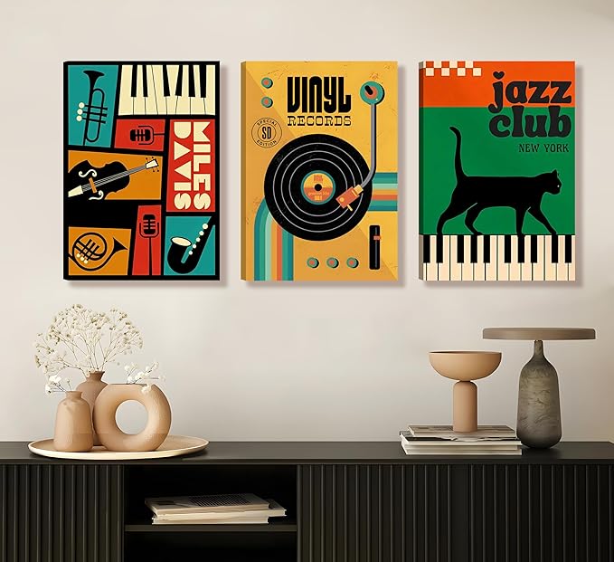 Framed 3pcs Retro Jazz Music Wall Art Vintage Vinyl Records Paintings Musical Instruments Black Cat on Piano Canvas Prints Poster for Living Room Bedroom Music Room Decoration