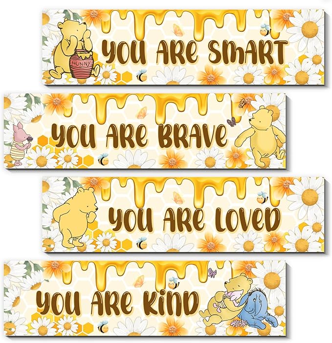 BirtDerr 4PCS Winnie Nursery Decorations-the Pooh Baby Stuff-Vintage Nursery Decor-Winnie Wall Decor Wall Art(Classic)