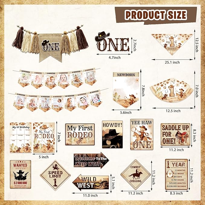 My First Rodeo Birthday Decorations, Wild West Western Cowboy Rodeo 1st Birthday Party Decor Supplies for Boy - Backdrop, High Chair Banner, Bandana, Tablecloth, Poster, Wall Signs, ONE Box