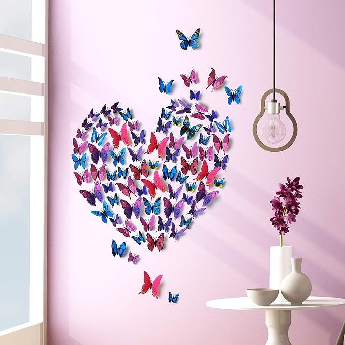 24pcs 3D Vivid Special Man-Made Lively Butterfly Wall Stickers Removable Butterflies Wall Decals 3D Nursery Art Decor for Kids Girls Bedroom Living Room Classroom Party Decoration Purple & Blue