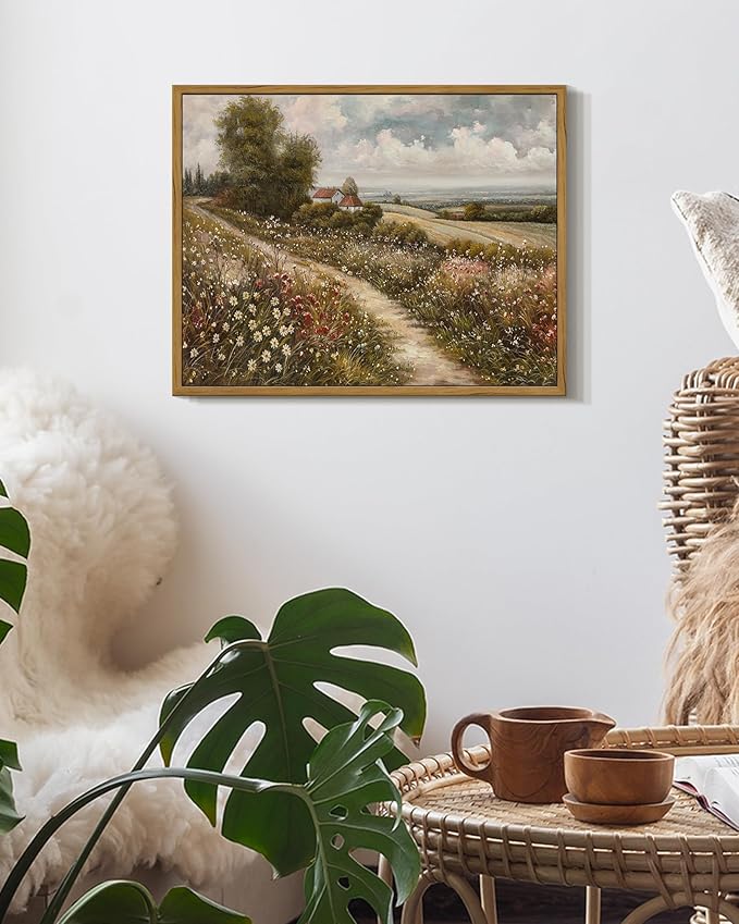 SHENIFY Vintage Landscape Framed Wall Art Rustic Countryside Wildflower Field Farmhouse Decor Retro Meadow with Flowers Painting for Kitchen Living Room Bedroom Bathroom - 11x14in Natural Framed