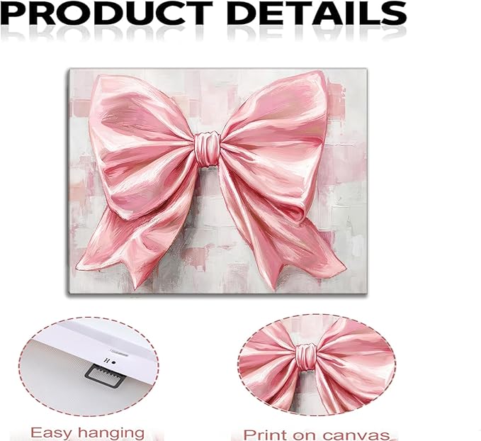 Pink Bow Canvas Wall Art Trendy Cute Preppy Watercolor Bow Painting Pictures Wall Decor Posters Prints Girly Aesthetic for College Apartment Bedroom Decoration