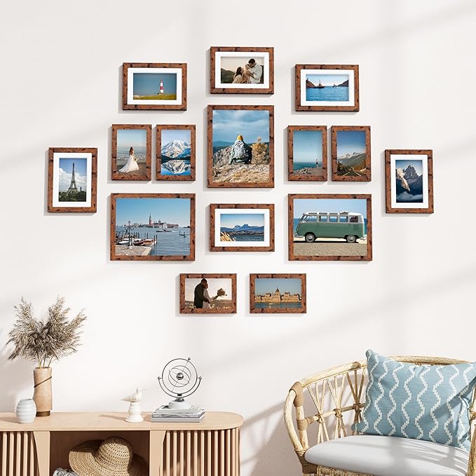 Vittanly 15 Pack Picture Frames Collage Wall Decor for Mounting or Tabletop Display, Gallery Frame Set for Family, Multi Sizes Including 3pcs 8x10, 6pcs 5x7, 6pcs 4x6, Rustic Brown