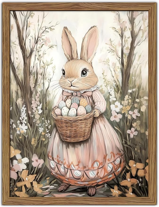 Easter Bunny Canvas Wall Art, Rabbit & Egg Basket Poster Prints, Farmhouse Style Holiday Wall Decor, Vintage Rustic Home Artwork for Kids Room Bedroom Living Room 12x16 inch Unframed