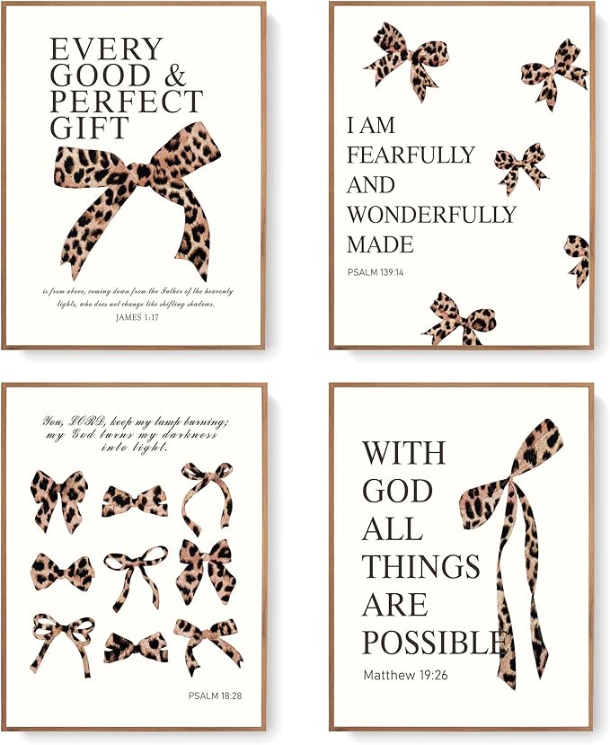 LARTSFRO Coquette Leopard Bow Wall Art Decor Posters, Y2K Cheetah Leopard Bow Room Bedroom Bathroom Dorm Wall Art Decor Aesthetic for College Teen Girls Gifts, Inspirational Bible Verses Bow Wall Decor, 12x16Inch Set of 4 Pcs Cheetah Bow Pictures (UNFR...