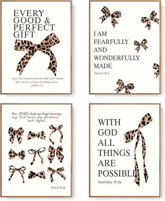 LARTSFRO Coquette Leopard Bow Wall Art Decor Posters, Y2K Cheetah Leopard Bow Room Bedroom Bathroom Dorm Wall Art Decor Aesthetic for College Teen Girls Gifts, Inspirational Bible Verses Bow Wall Decor, 12x16Inch Set of 4 Pcs Cheetah Bow Pictures (UNFR...