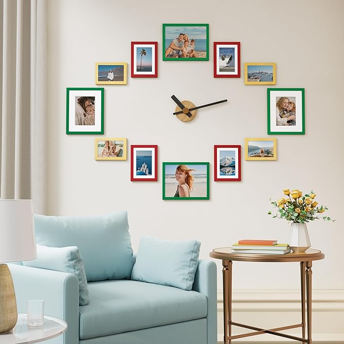 Vittanly 12 Pack Picture Frames Collage Wall Decor for Mounting or Tabletop Display, Gallery Wall Frame Set for Family, Multi Sizes Including 4pcs 8x10, 4pcs 5x7, 4pcs 4x6, Green & Red & Gold