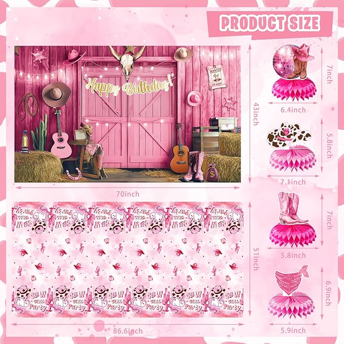 Cowgirl Party Decorations, 144 Pcs Pink Cowgirls Cow Girl Bday Party Decor Supplies for Girls - Backdrop, Banner, Tablecloths, Centerpieces, Paper Glasses, Hat, Stickers, Wall Signs