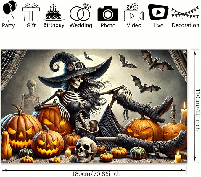 Halloween Banner 71x43 Inch Scary Witch Skeleton Backdrop Trick or Treat Yard Sign Spooky Halloween Decorations for Outdoor Haunted House Wall Party