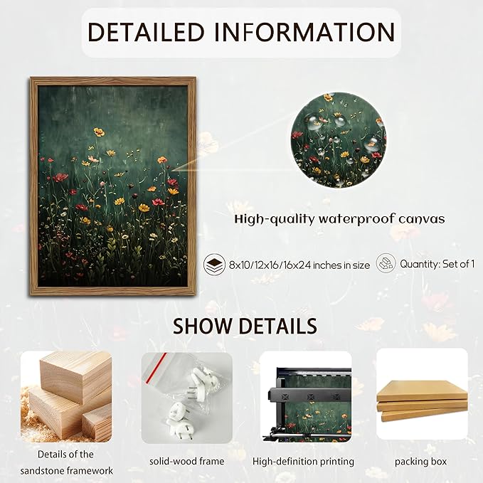 Wildflower Field Framed Wall Art, Vintage Botanical Flower Wall Decor, Modern Farmhouse Floral Canvas Art, Green Field Landscape Pictures Artwork for Living Room Bedroom – 16x24 inch