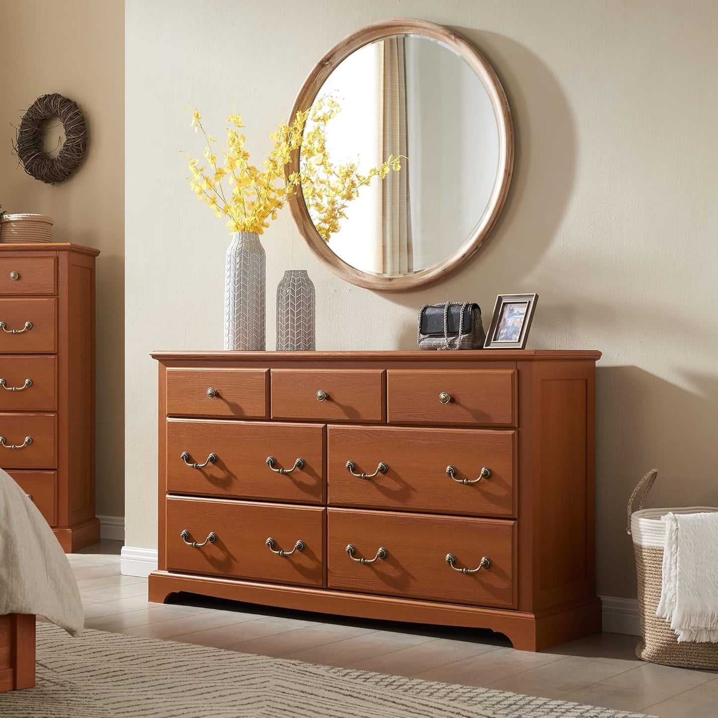 T4TREAM 7 Drawers Dresser Chests for Bedroom, Wood Vintage Chests of Drawers, Rustic Dressers Chset Organizer for Bedroom, Living Room, Hallway, Cherry
