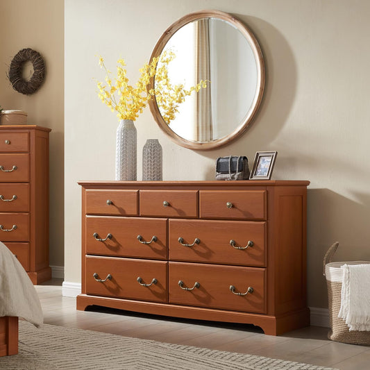 T4TREAM 7 Drawers Dresser Chests for Bedroom, Wood Vintage Chests of Drawers, Rustic Dressers Chset Organizer for Bedroom, Living Room, Hallway, Cherry