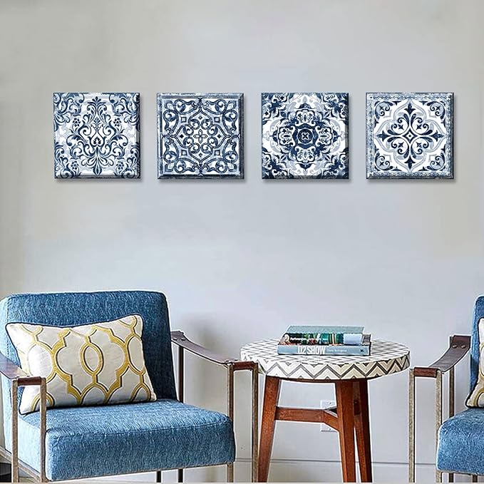 DJSYLIFE Bathroom Wall Decor Navy Blue Flower Paintings Canvas Prints Decoration Vintage Wall Art for Bedroom Framed Ready to Hang 12" Wx12 Hx4 pcs