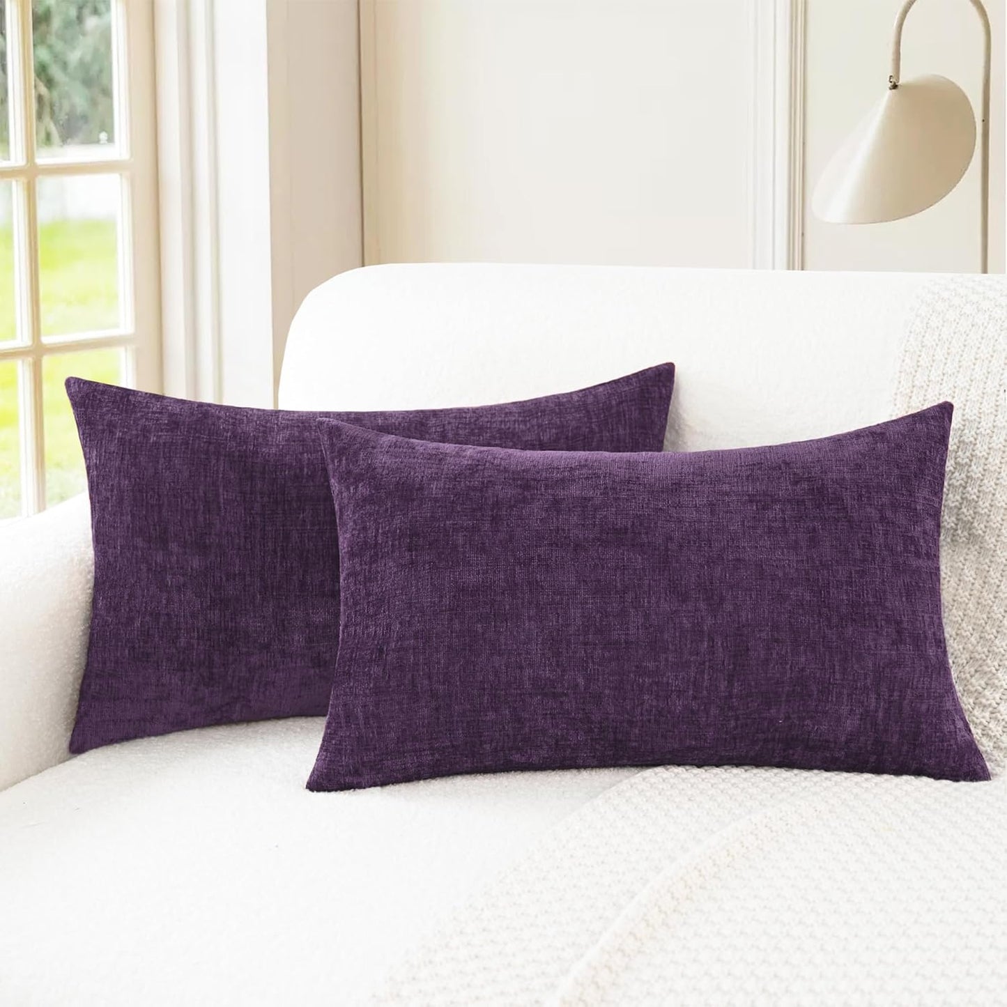 CaliTime Throw Pillow Covers Decorative 16 X 26 Inches Pack of 2 Cozy Chenille Cushion Cases for Couch Sofa Bed Living Room Home Plum Purple