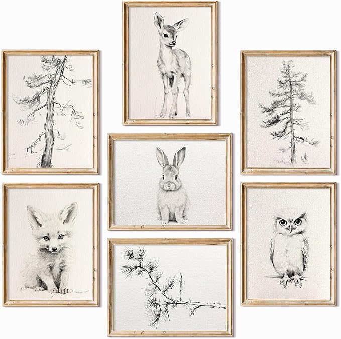 Vintage Nursery Wall Art Woodland Animal Canvas Decor Baby Room Wall Art Forest Animal Pictures Kids Tree Prints Posters Nature Deer Fox Painting Nursery Artwork for Bedroom 12x16x7 Inch Unframed