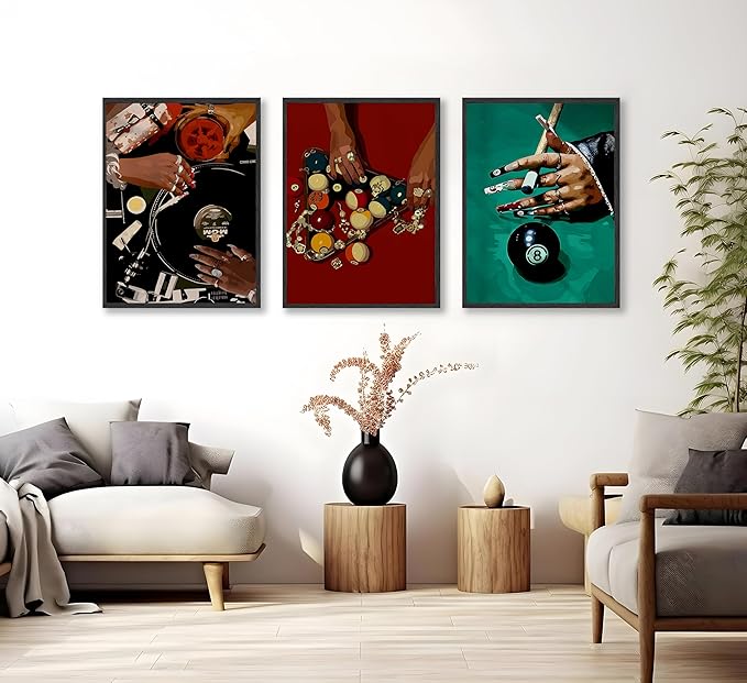 JWDXNOOK 3pcs Fashion Feminine Wall Art Funky Retro Music Wall Decor Fashion Hands Print DJ and Black billiard 8Theme Triptych Paintings Poster for Game Room Bar Living Room Bedroom Decor Unframed