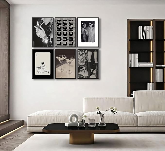 6pcs Trendy Leopard Wall Art Neutral Black And White Cheetah Paintings Martini Lucky Posters Prints Poker Preppy Fashion Luxury Wall Decor For Girly Bedroom Apartment Dorm Decoration(Unframed)