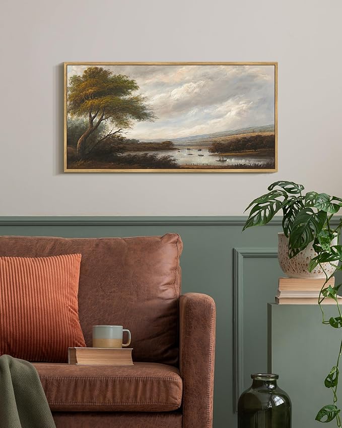 SHENIFY Vintage Landscape Framed Wall Art Riverside Scenery Farmhouse Decor Retro Boat Travel Painting for Kitchen Bedroom Living Room Bathroom - 8x16in Natural Framed
