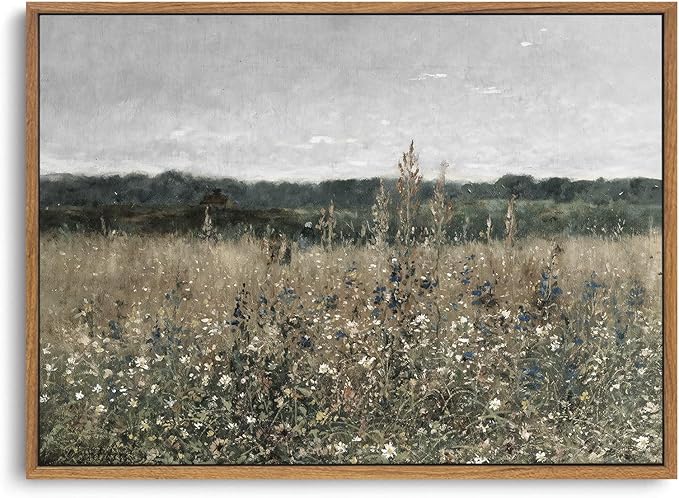 OIQArtOIQ Vintage Framed Wall Art Wildflower Field Meadow Canvas Art Prints Rustic Farmhouse Landscape Pictures Wall Decor Modern Cottagecore Paintings Artwork For Bedroom Bathroom Office Living Room