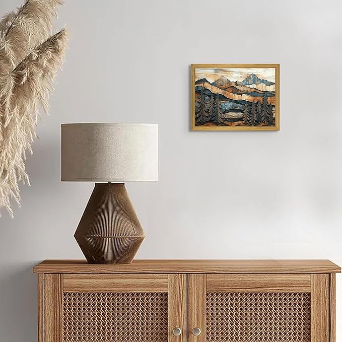 Vintage Boho Mountain Wall Art, Framed Landscape Canvas Wall Art, Nature Forest Wall Decor, Rustic Farmhouse Print Poster Painting for Living Room Bedroom Dining Room 8x10 Inch