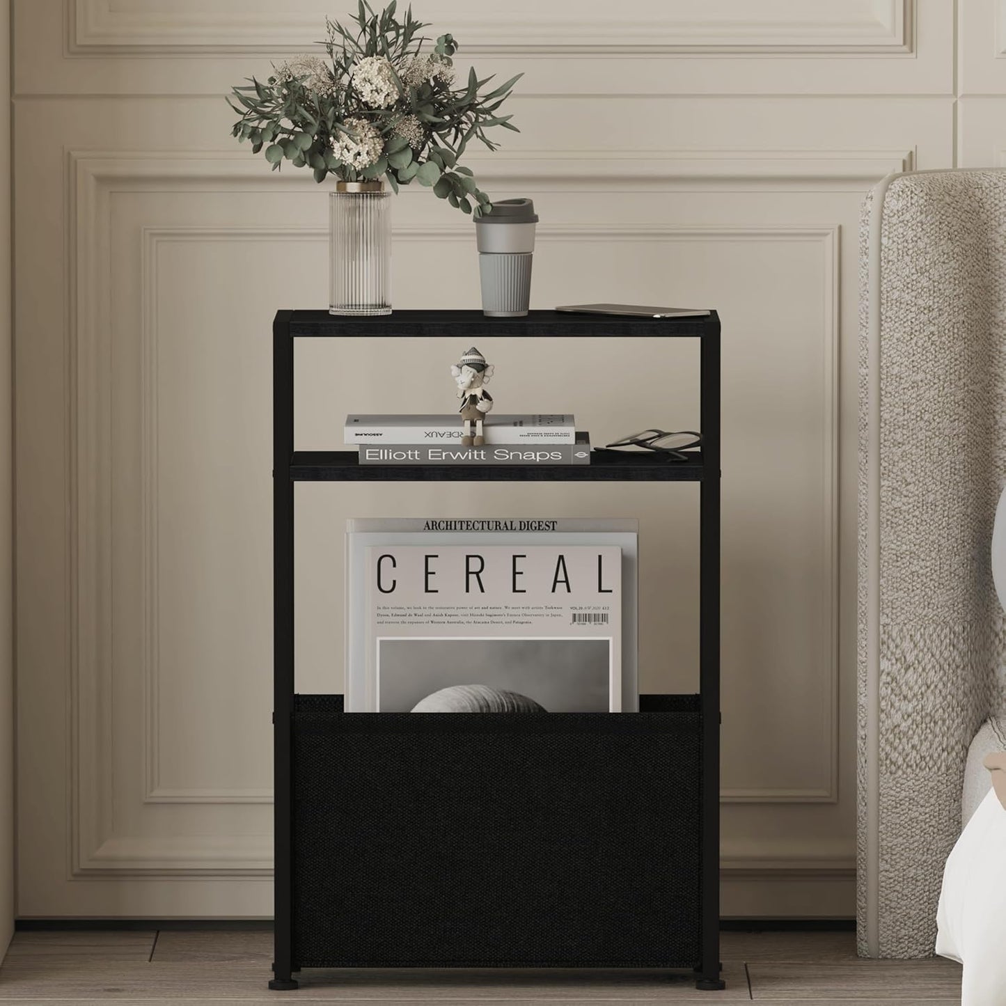 Black Side Table, Slim Side Table with Magazine Rack, Bathroom Table for Small Spaces, Narrow Bedside Table for Living Room, Bedroom